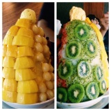 A huge fruit encrusted snow cone with ice cream on top. Only in Asia!
